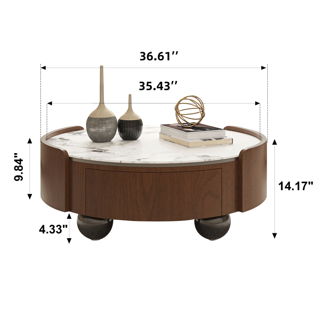 Round Coffee Table With Ball Feet, Dual Storage Drawers For Living Room - Walnut Brown