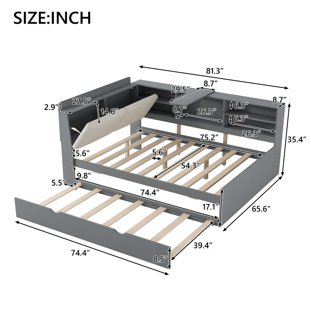 Platform Bed With Trundle, Shelves, And Storage Headboard