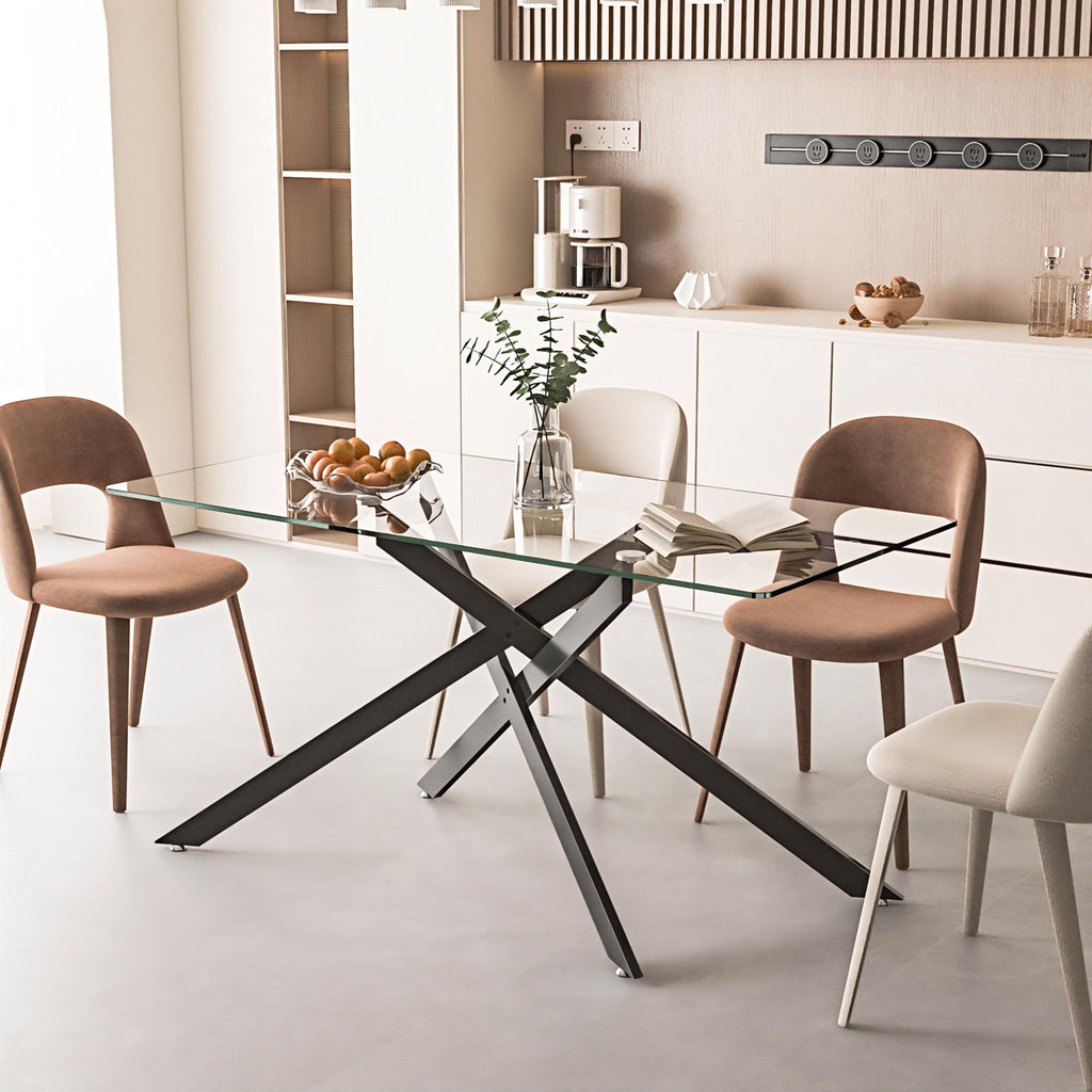Stylish Design Rectangular Clear Tempered Glass Dining Table With Metal Legs