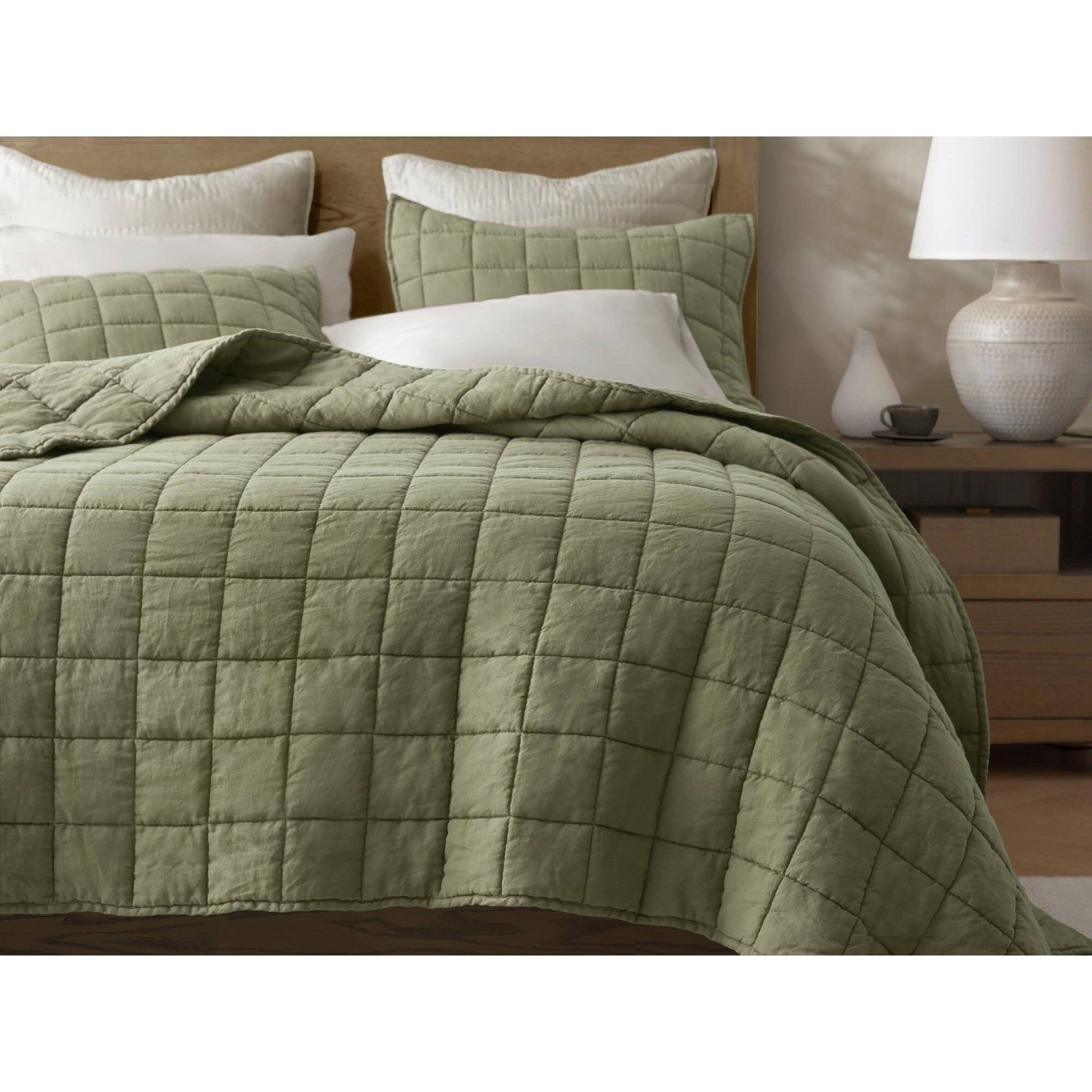 100% Linen - Full/Queen Linen Garment Washed Quilt Set - Olive Green