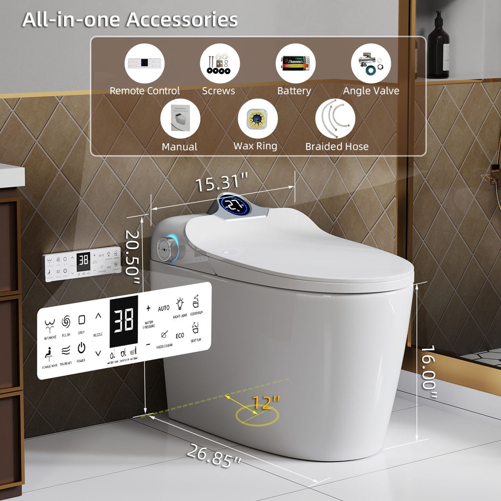 Smart Toilet Bidet Combo With Foot Sensor, LED Display, Heated Seat And Airflow, Ceramic - White