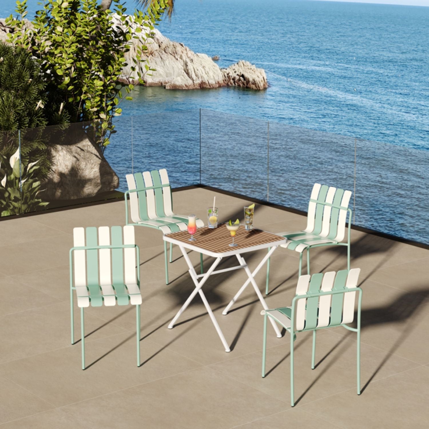 4 Piece Set Of Modern Color Block Designed Single Chairs With Folding Square Table