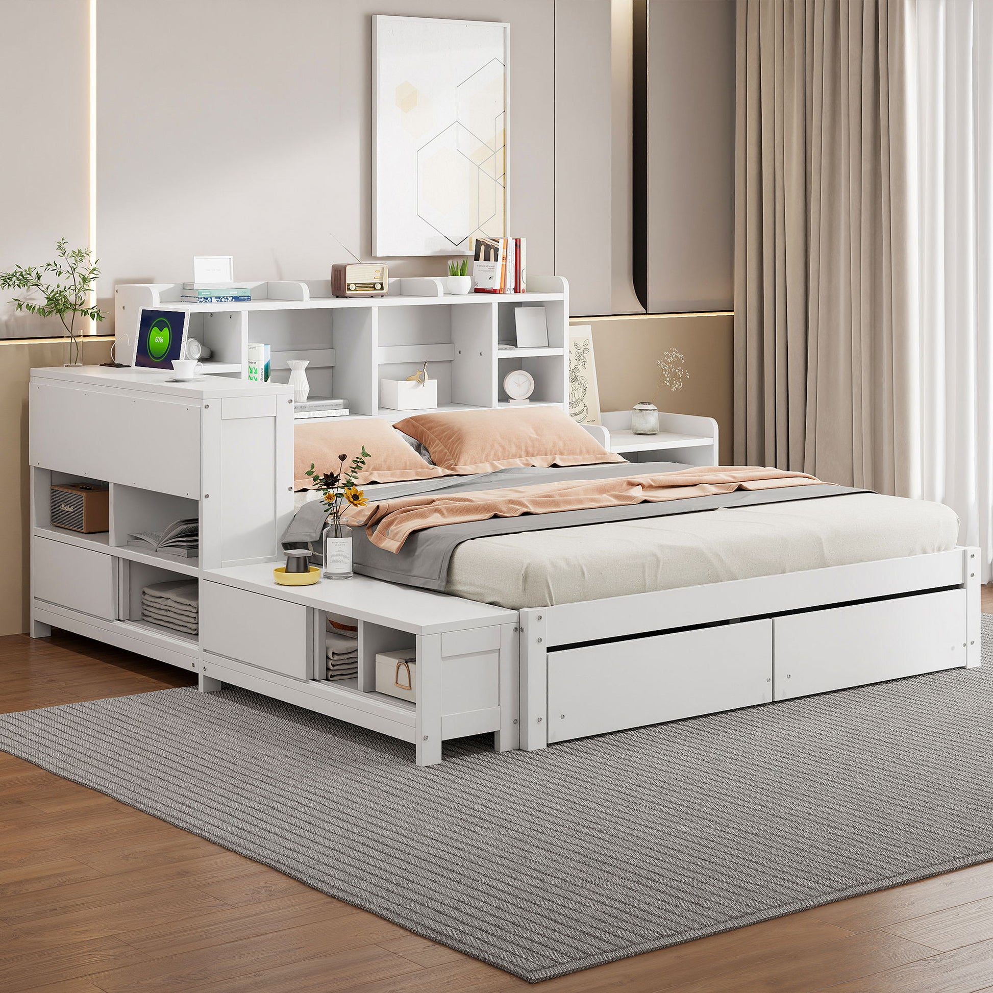 Platform Bed With Multi Functional Storage Space, Nightstand, 2 Drawers, USB Ports And Desk