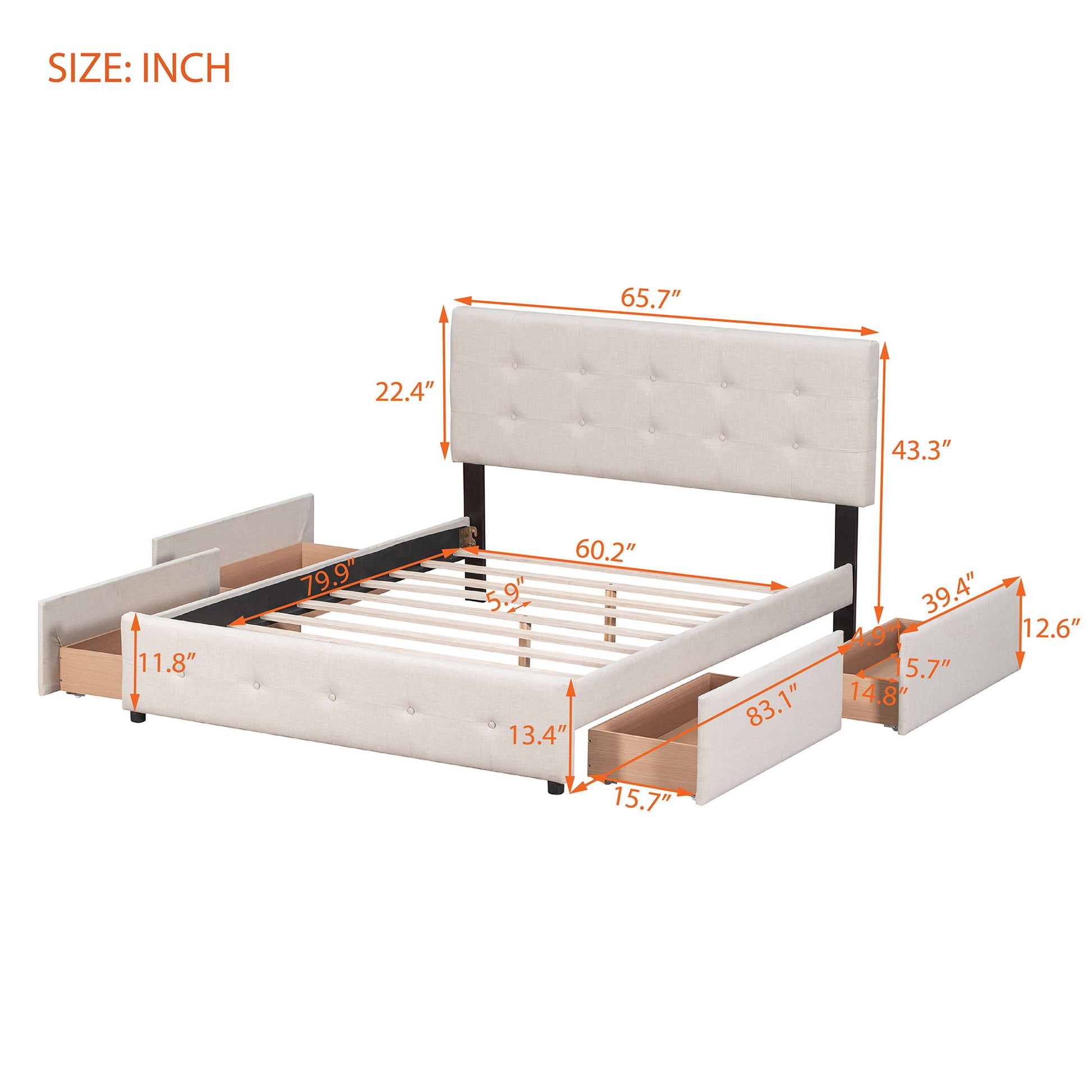 Upholstered Platform Bed With Classic Headboard And Drawers, No Box Spring Needed