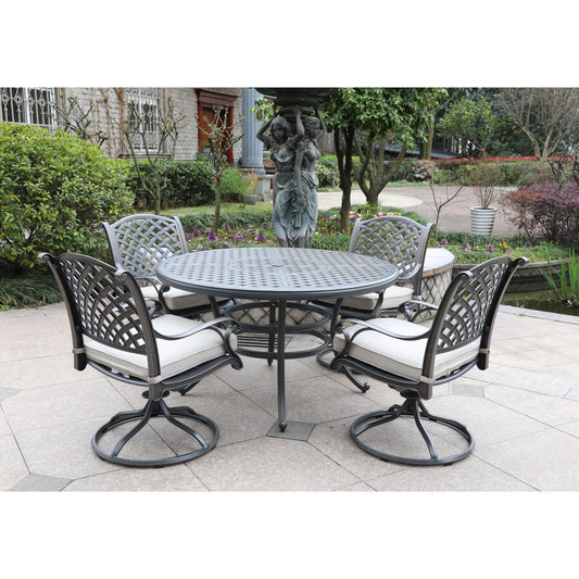 Cast Dessert Night Aluminum 5 Piece Round Dining Set With 4 Swivel Rockers - Sand Dollar Cushions