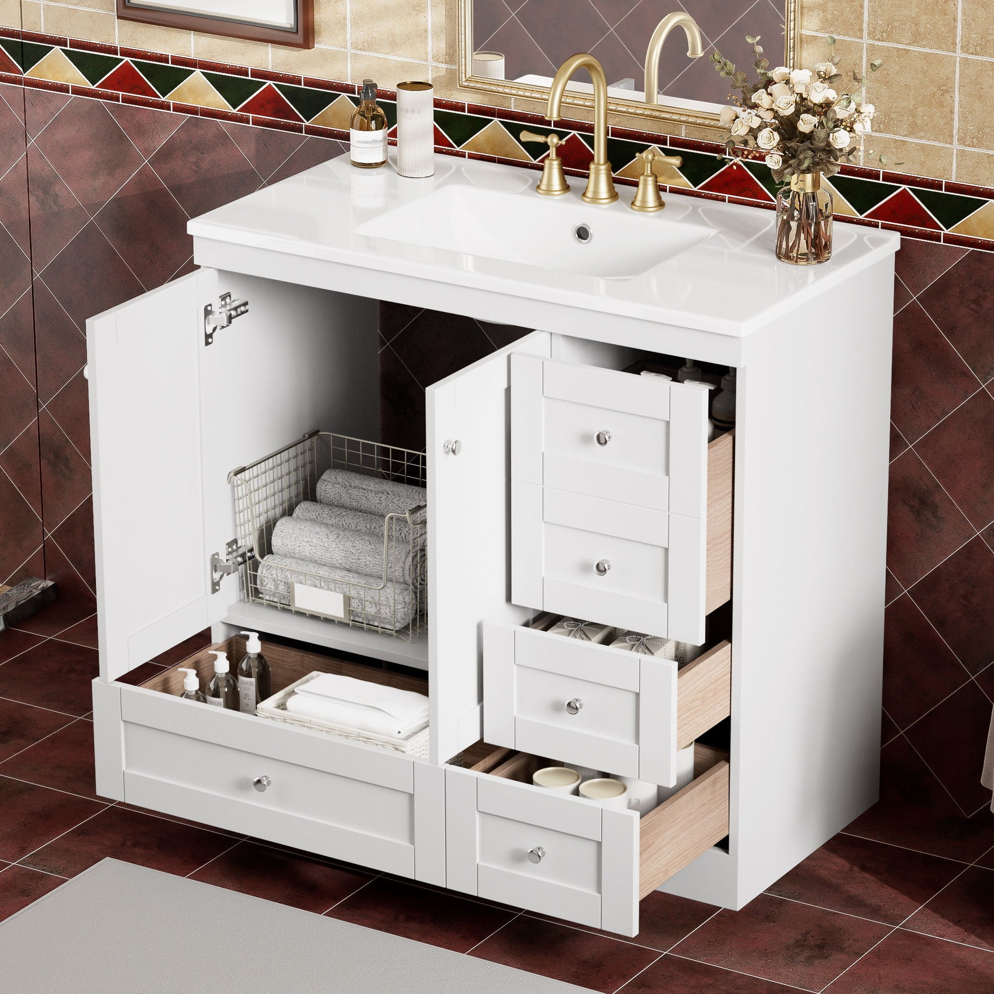 Shaker Free Standing Bathroom Vanity Cabinet With Sink, Soft Close Drawers, Soft Close Doors