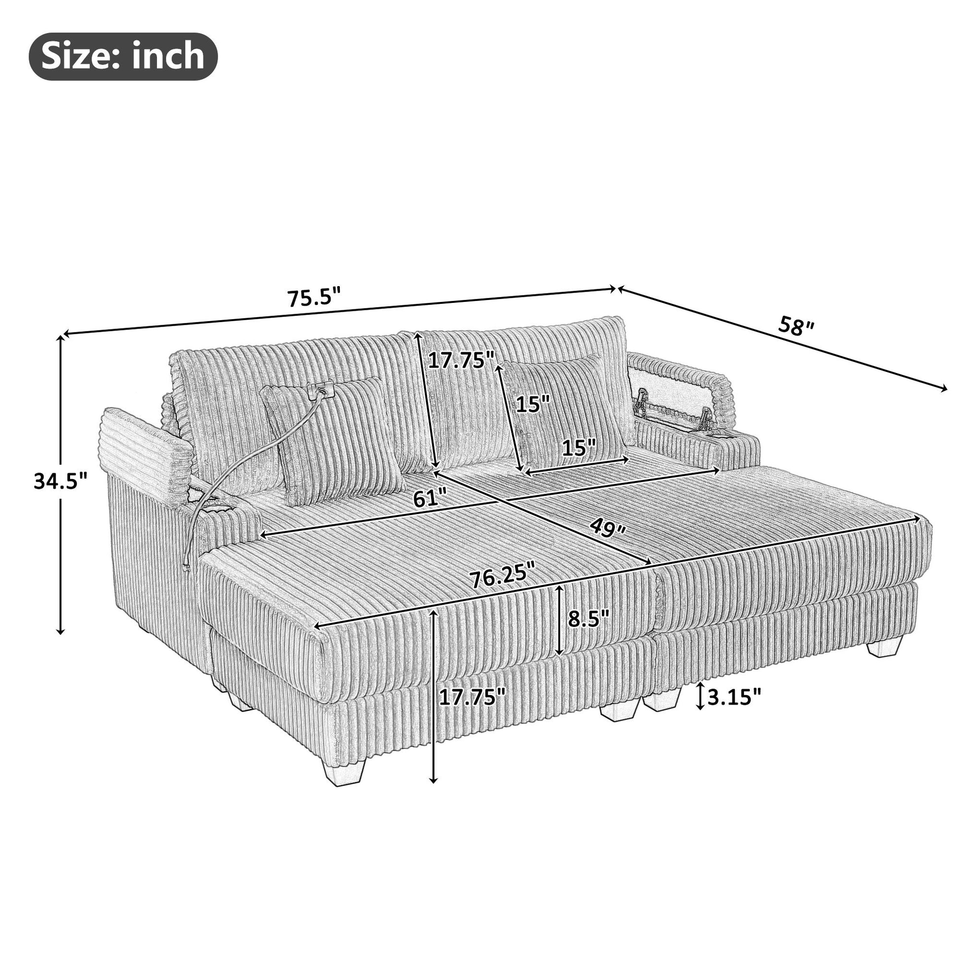 Modern Chaise Sofa With Adjustable Backrest, Cup Holders, Phone Holder & Storage Compartments For Living Room