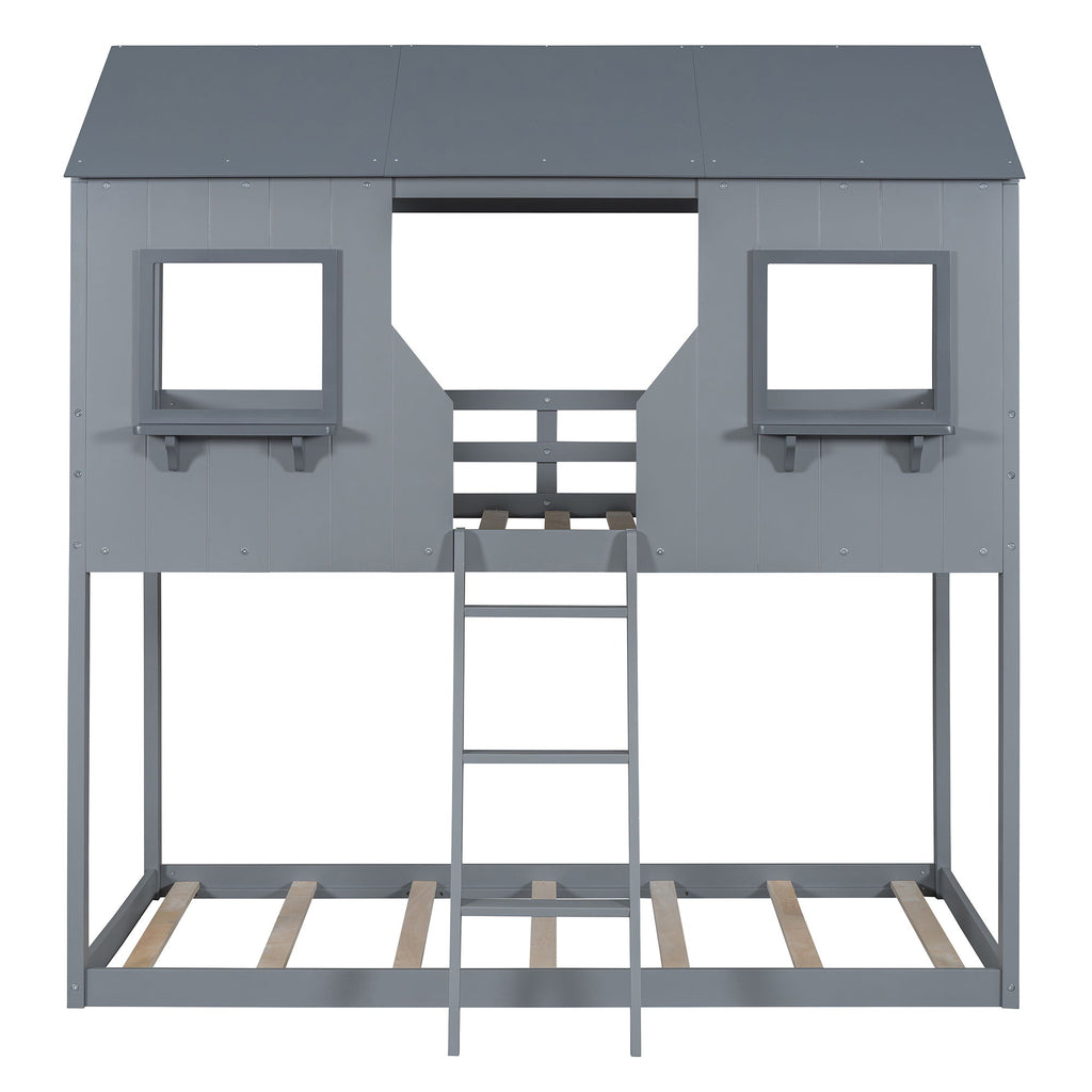 Twin Over Twin Bunk Bed With Roof, Window, Guardrail, Ladder