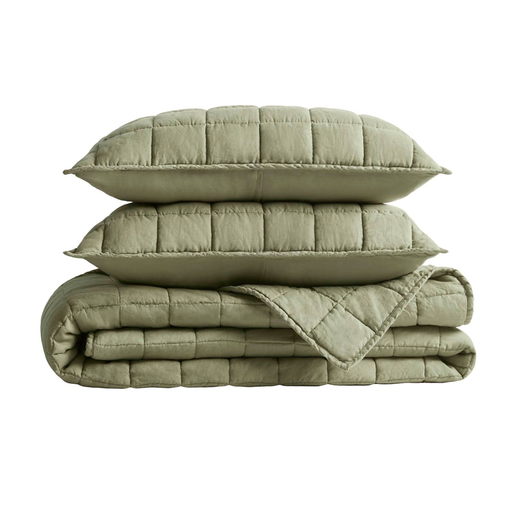 100% Linen - Full/Queen Linen Garment Washed Quilt Set - Olive Green