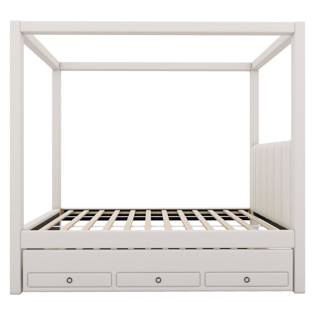 Upholstery Canopy Platform Bed With Trundle And Three Storage Drawers