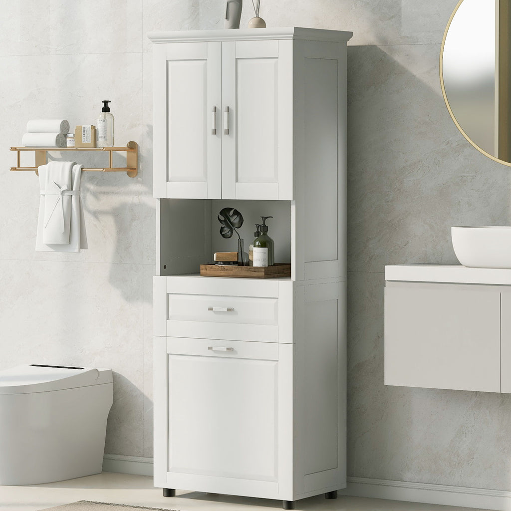Tall Bathroom Cabinet With Tilt-Out Laundry Basket And Upper Storage
