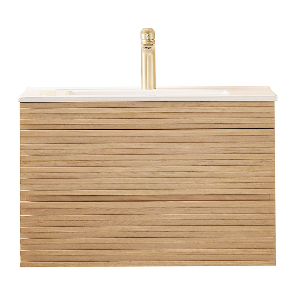 Wall Mounted & Floating Single Vanity With Ceramic Sink - Natural Walnut