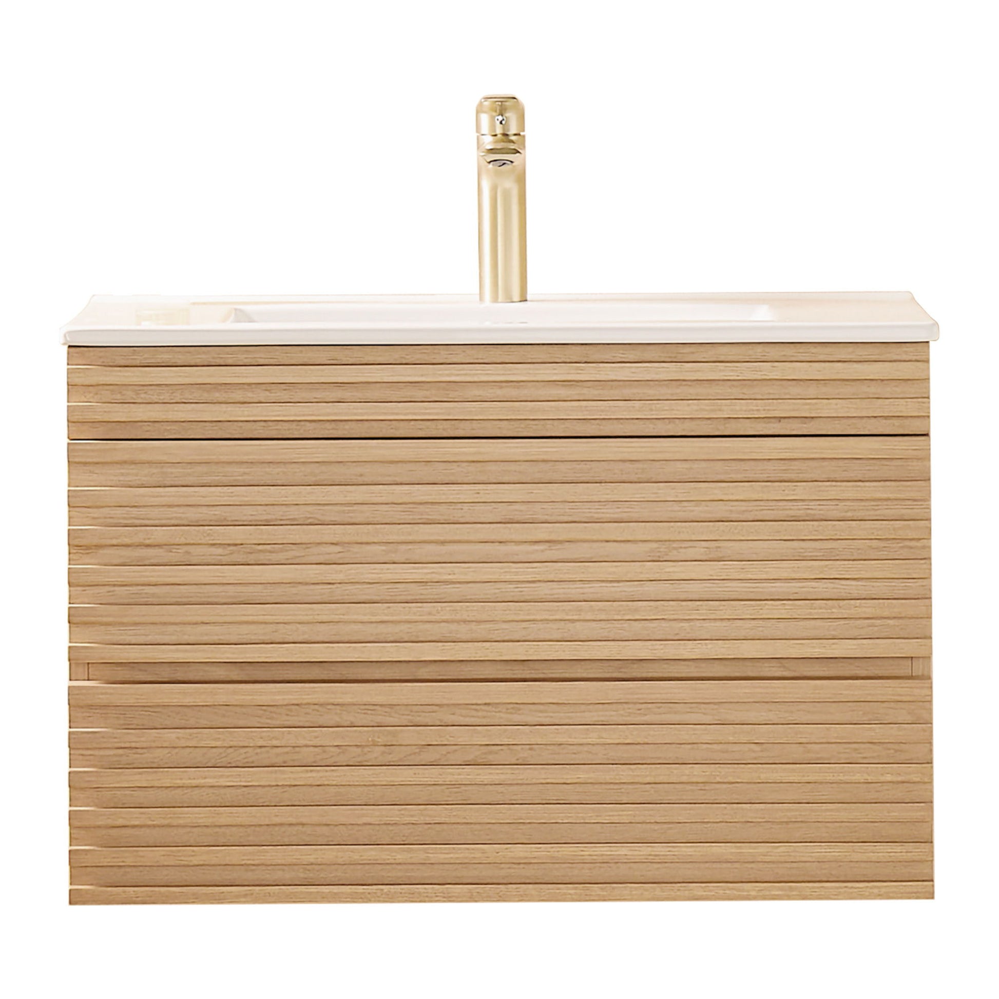 Wall Mounted & Floating Single Vanity With Ceramic Sink - Natural Walnut