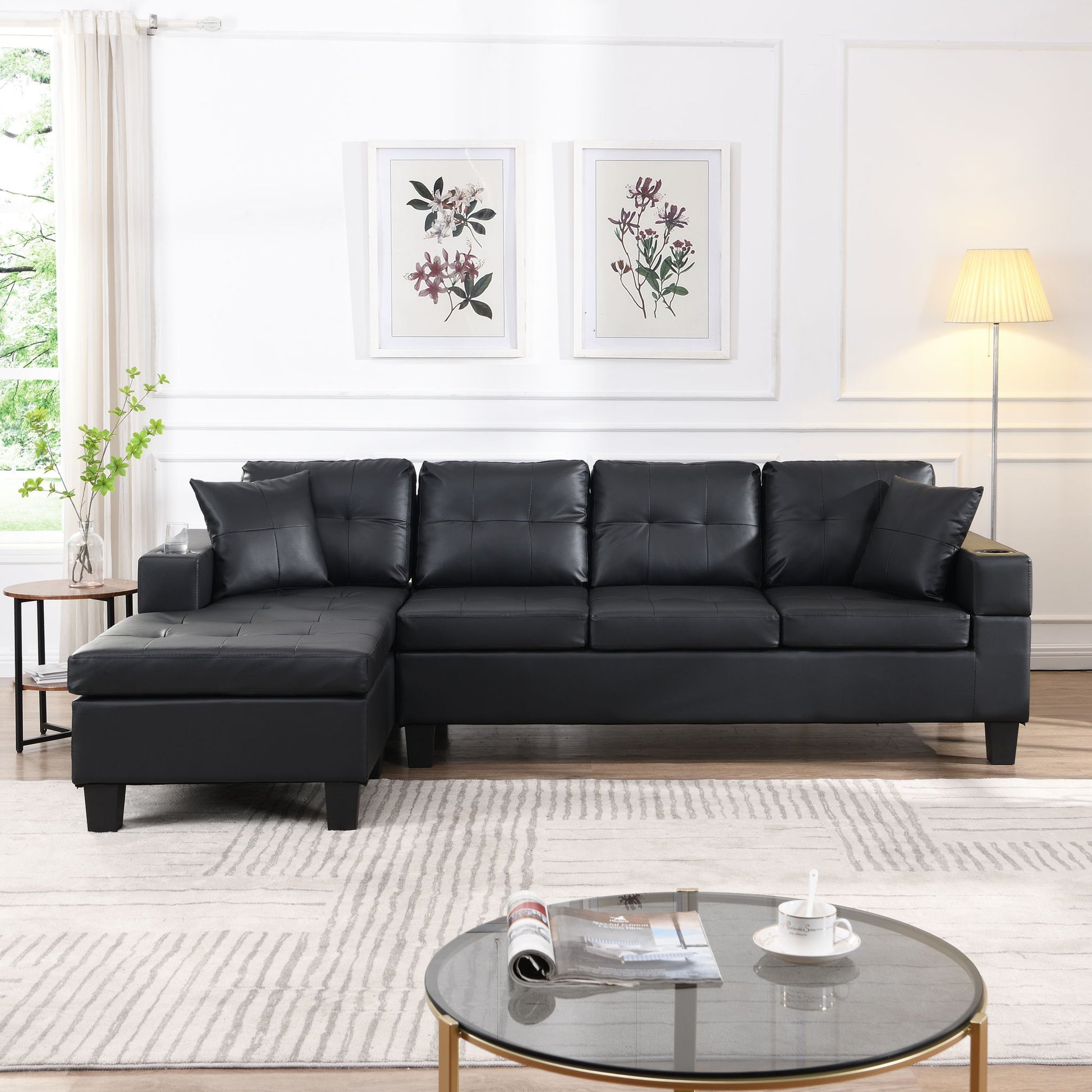 Modern Sectional Sofa Set With Chaise Lounge And Cup Holder