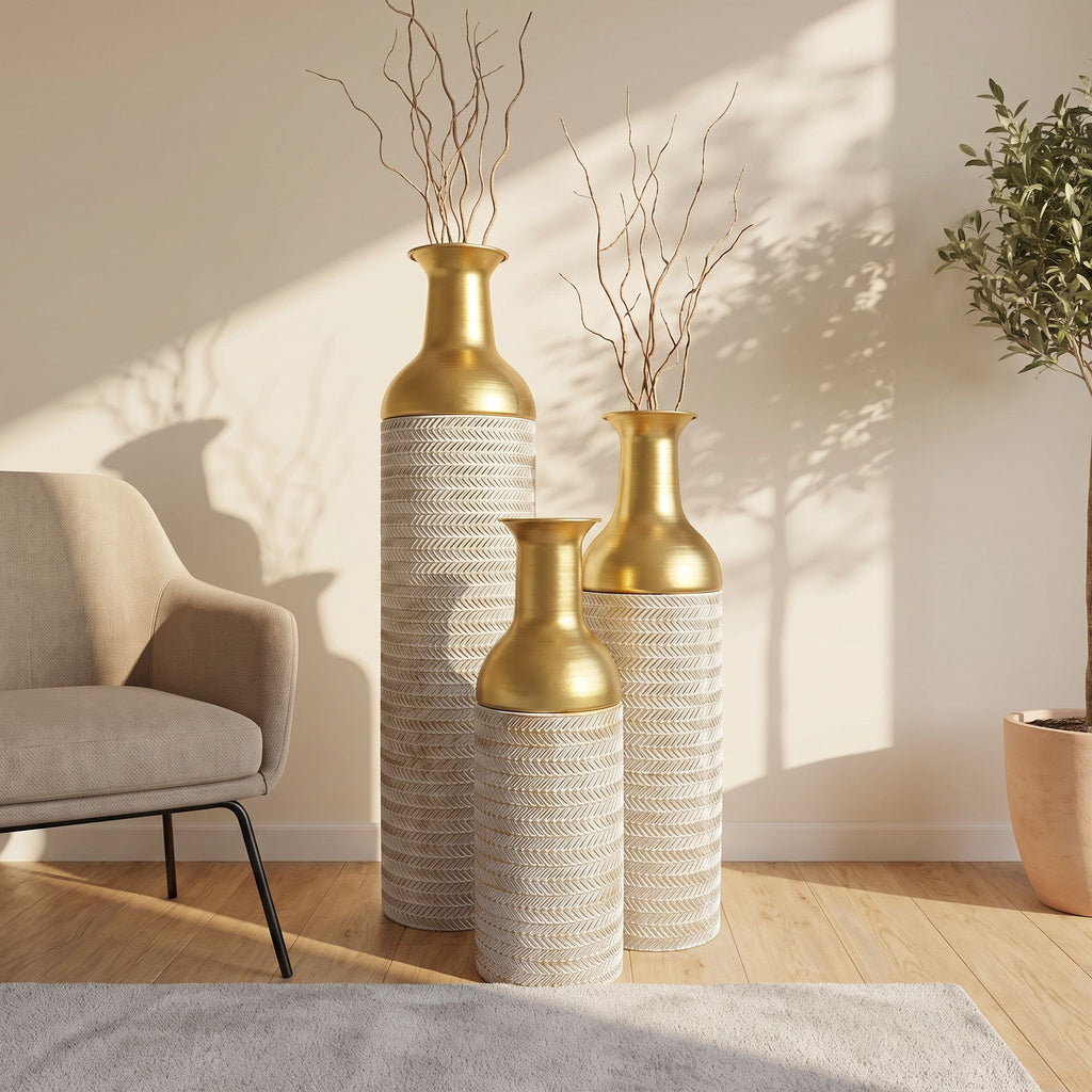 Decorative Tall Floor Vases For Home Decor (Set of 3) - White / Gold