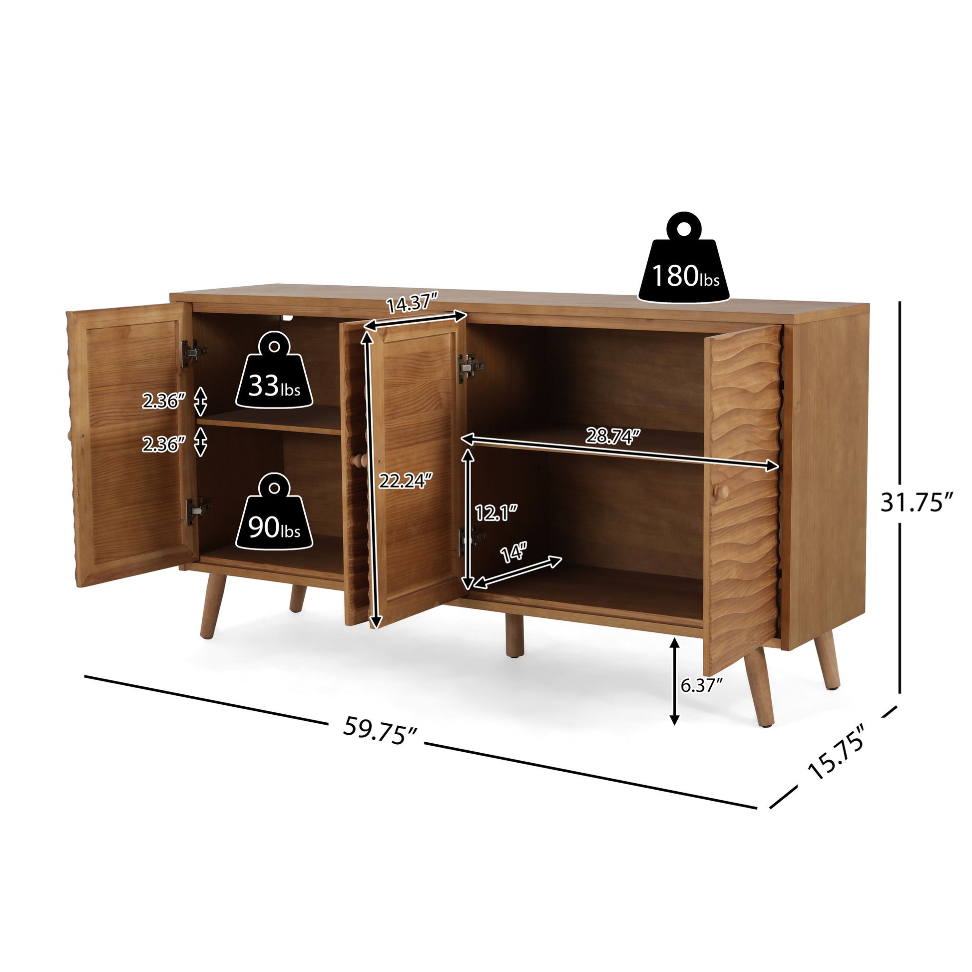 4 Door Sideboard, Wavy Pattern Doors, Adjustable Shelves - Natural