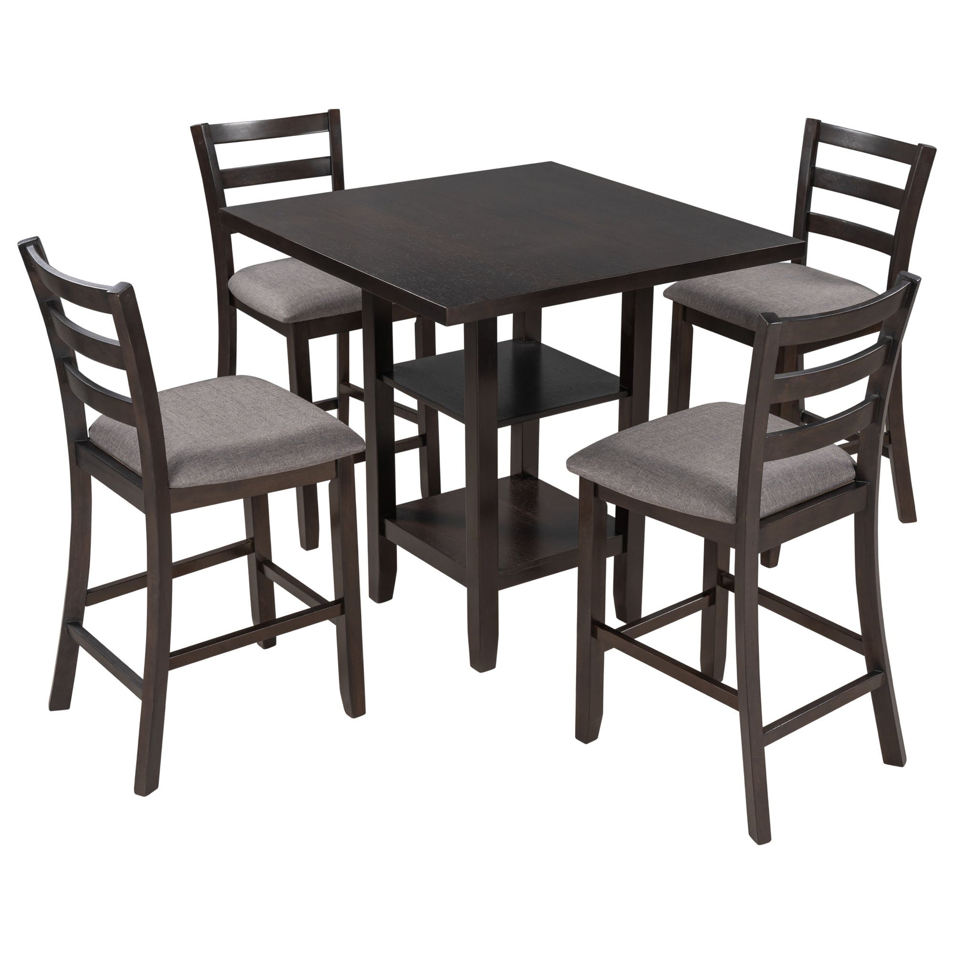 5 Piece Wooden Counter Height Dining Set With Padded Chairs, Storage Shelving