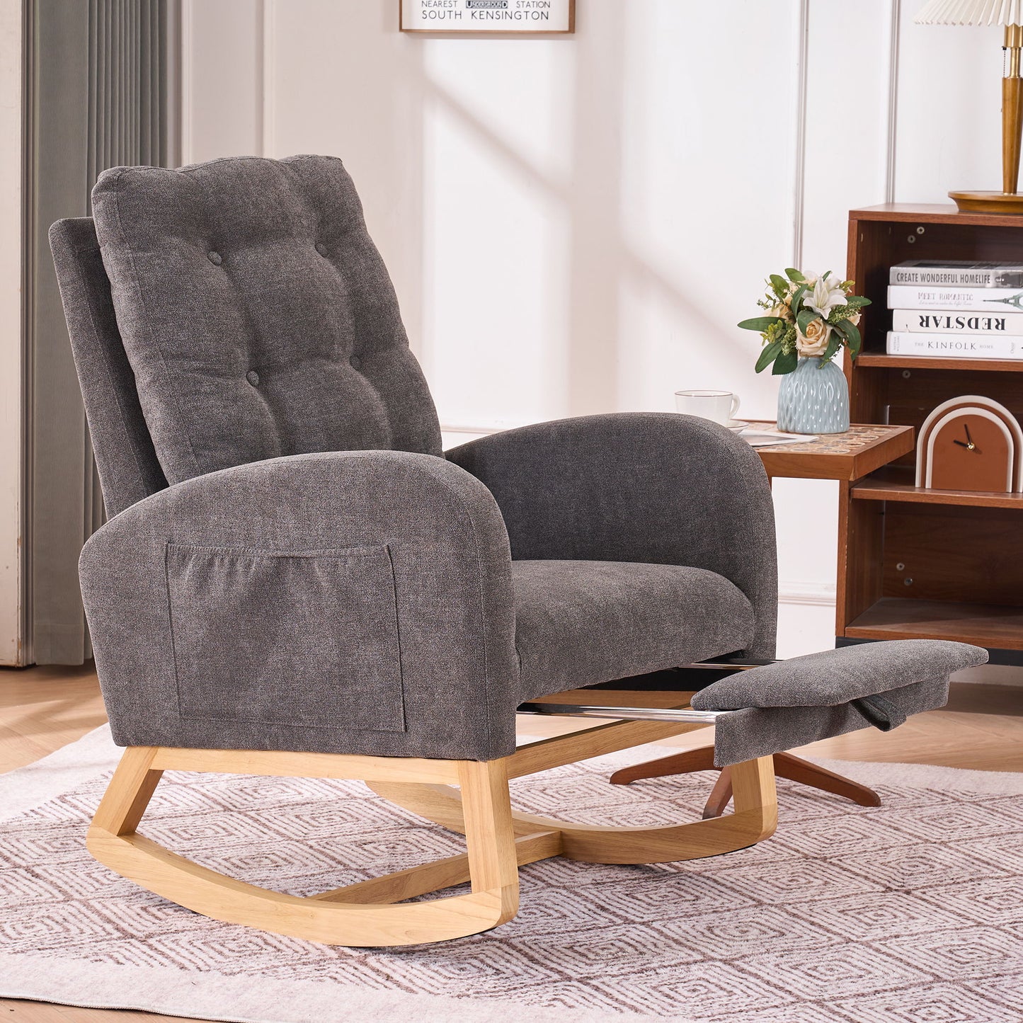 Accent Rocking Chair With Footrest High Back Rubber Wood Rocking Legs Bedroom Living Space