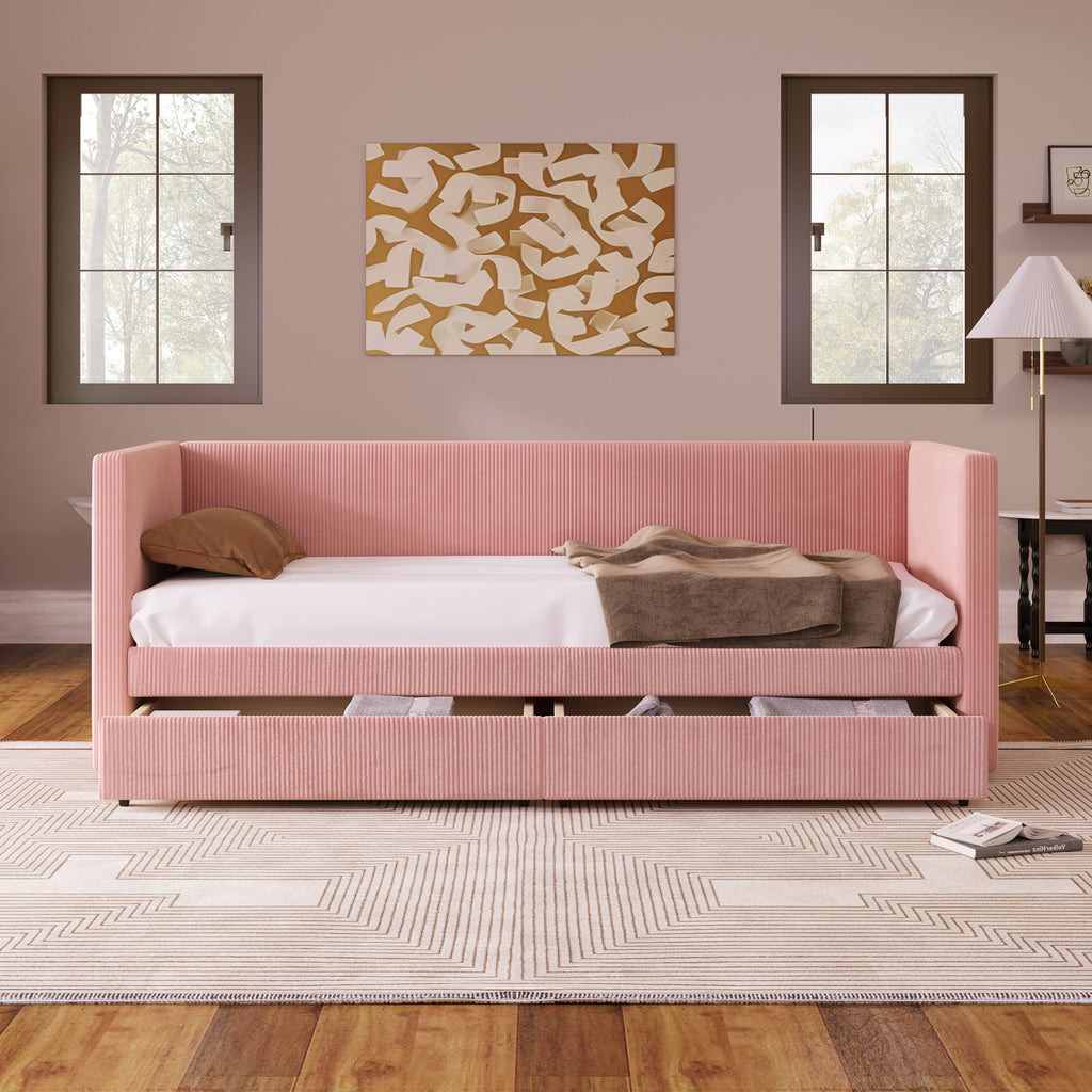 Corduroy Daybed With Two Drawers And Wood Slat