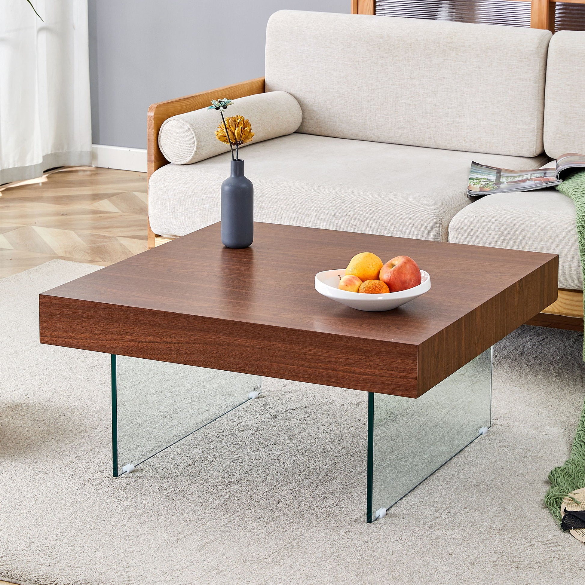 Natural Style Coffee Table With Glass Legs - Wood Grain Texture