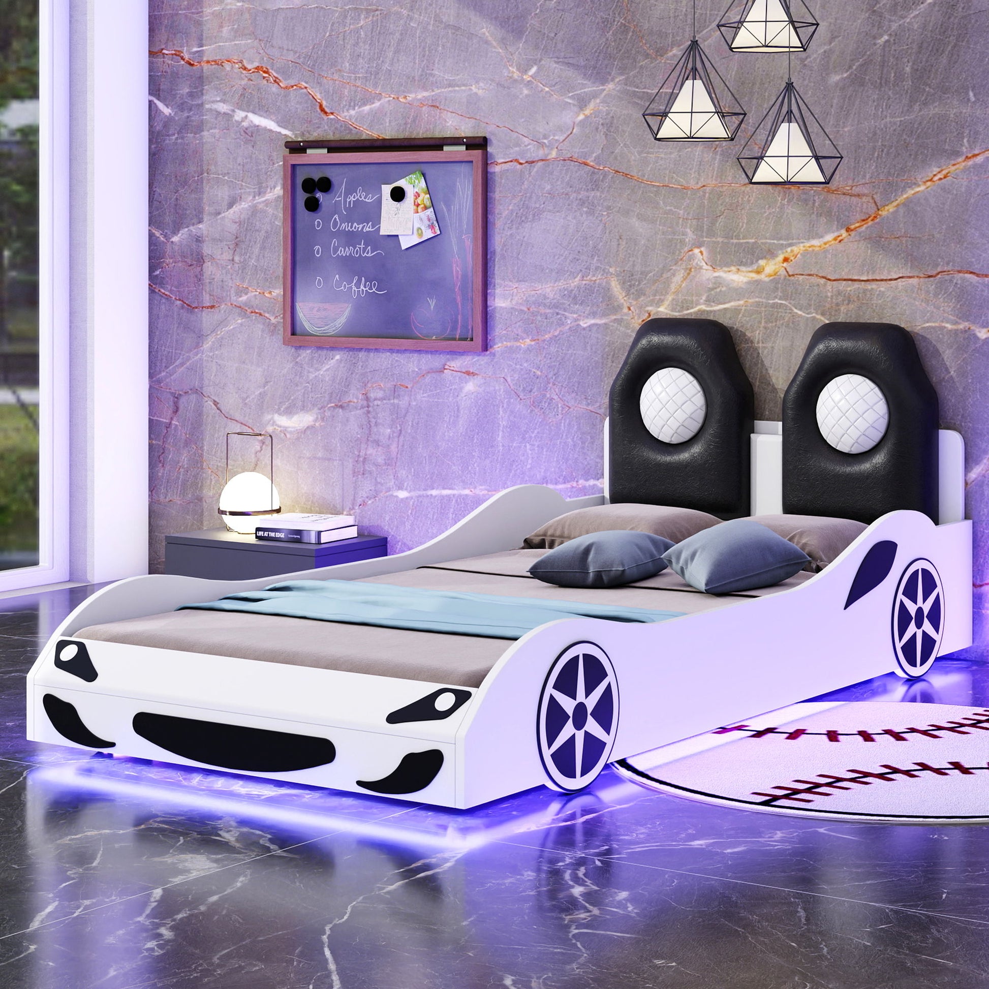 Race Car Shaped Platform Bed With LED And Upholstered Backrest In