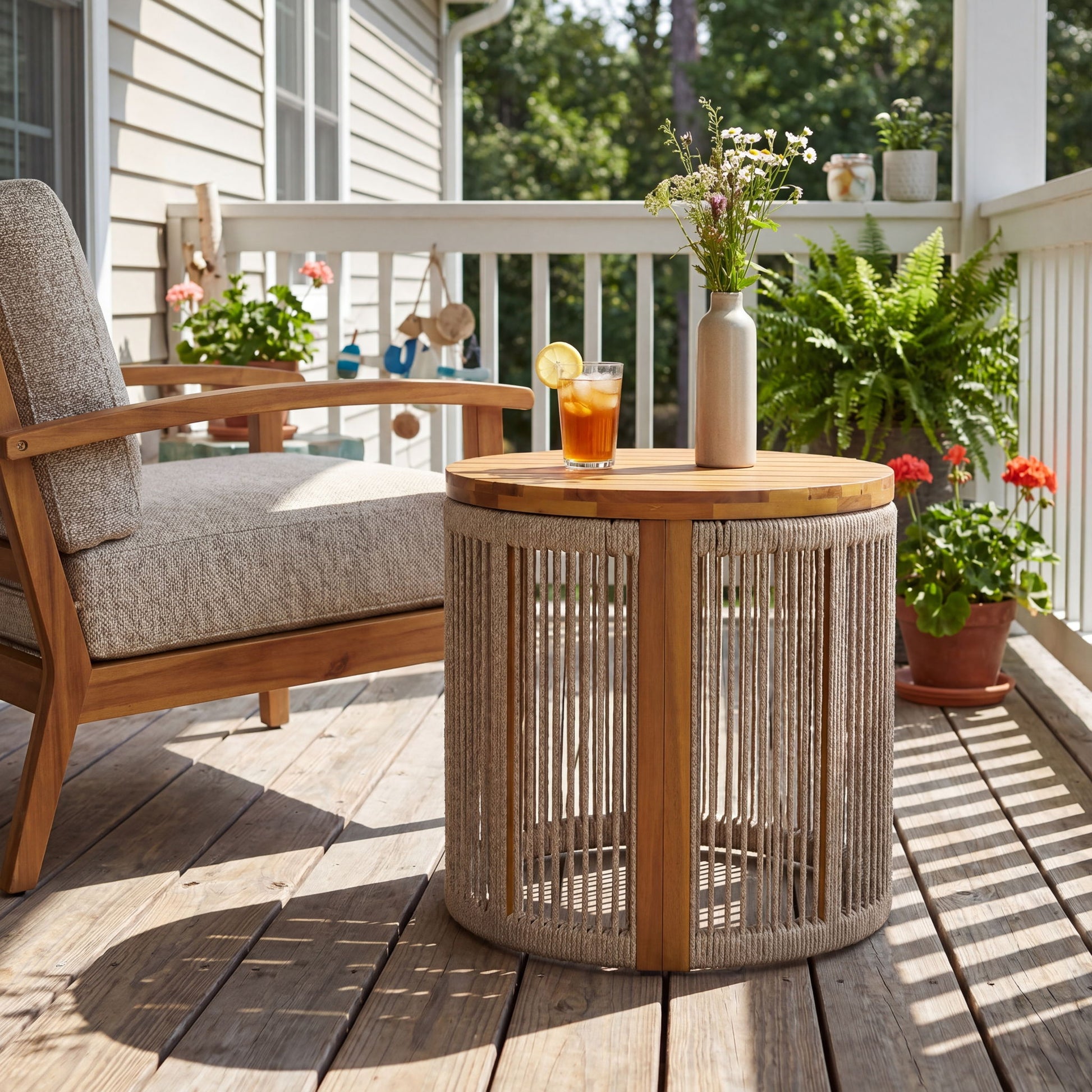 Round Side Table With Rope Detail For Patio - Brown / Teak