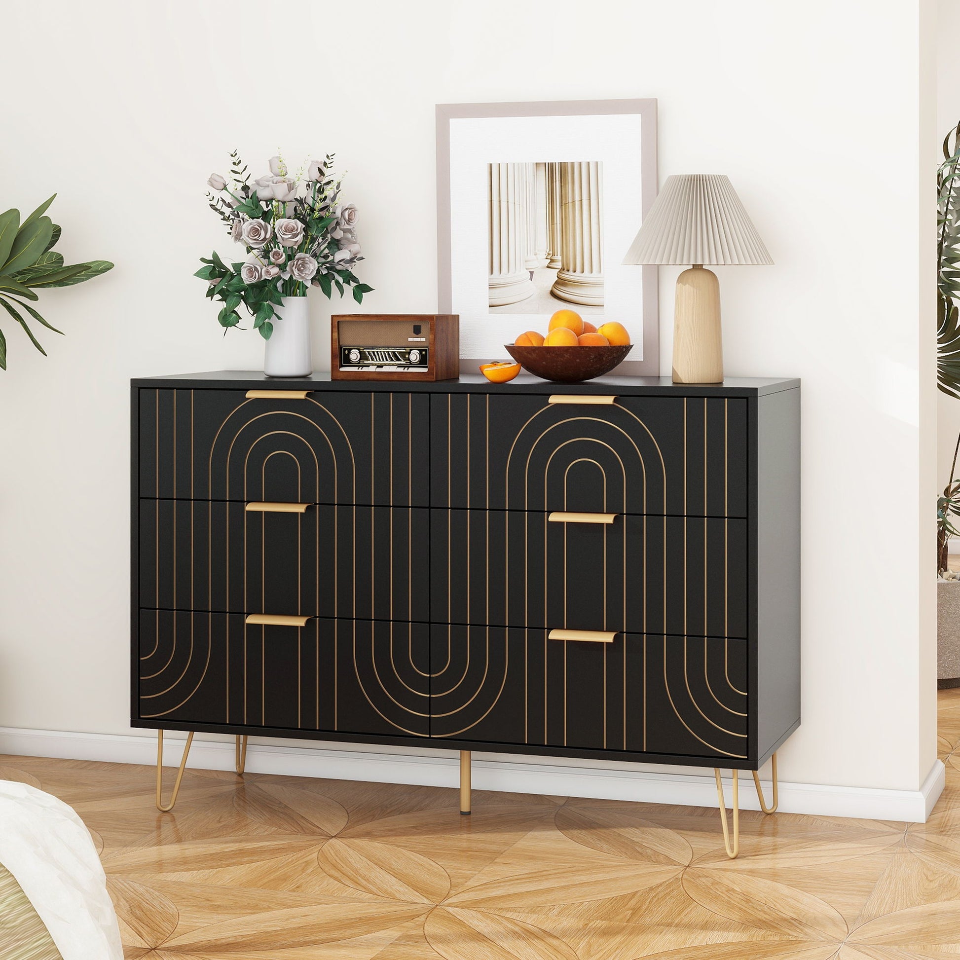 Modern 6 Drawer Dresser, Modern Dresser With Metal Handles, Storage Chest Of Drawer, Wide Dresser Drawer Organizers With Carving Design For Bedroom, Living Room, Hallway - Black