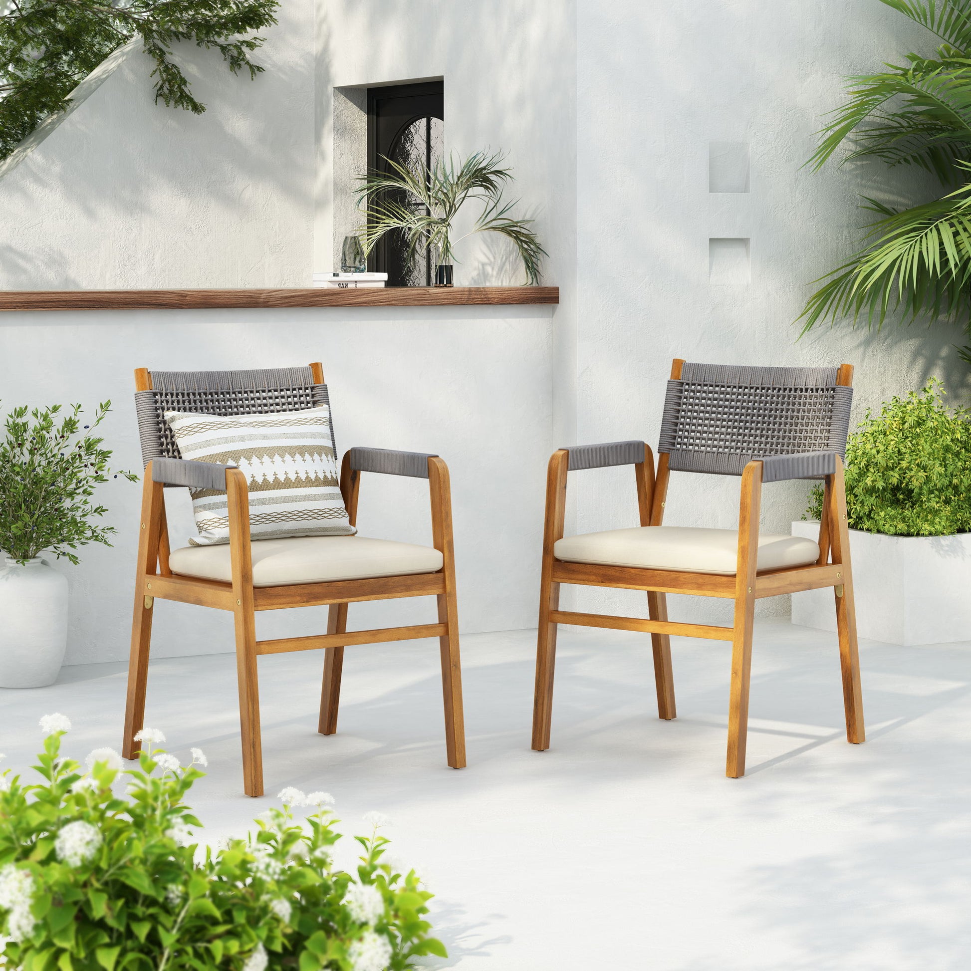 Outdoor Acacia Wood Dining Armchair With Cushion (Set of 2)