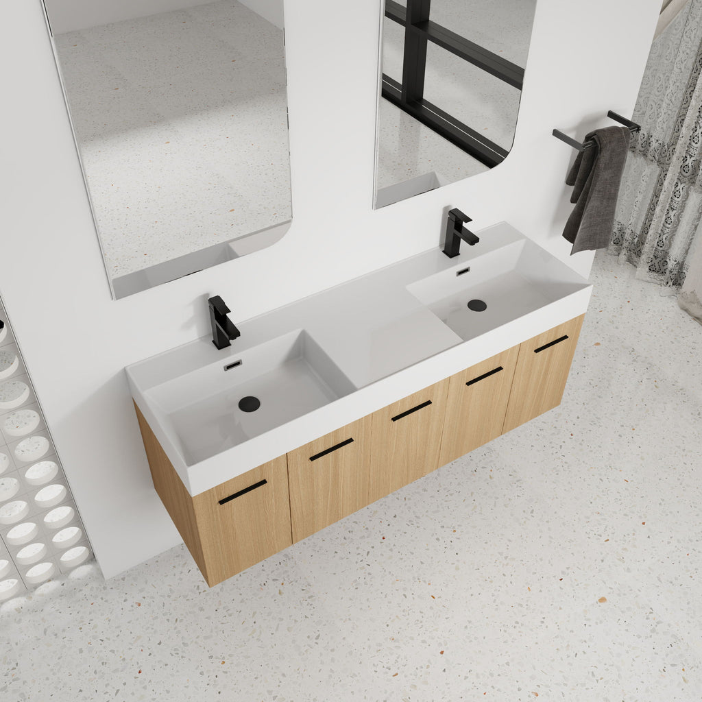 Floating Double Sink Bathroom Vanity With Extra Large Storage, Integrated Sink, Soft Close Doors, Wall Mounted Bath Vanity - Glossy White / Light Oak