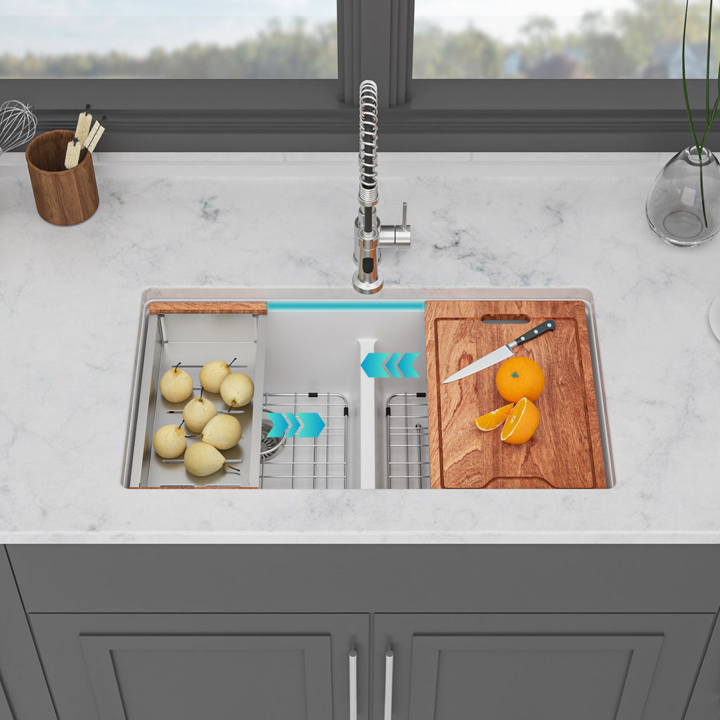 Quartz Kitchen Sink, Granite Composite Double Bowl, Undermount Workstation