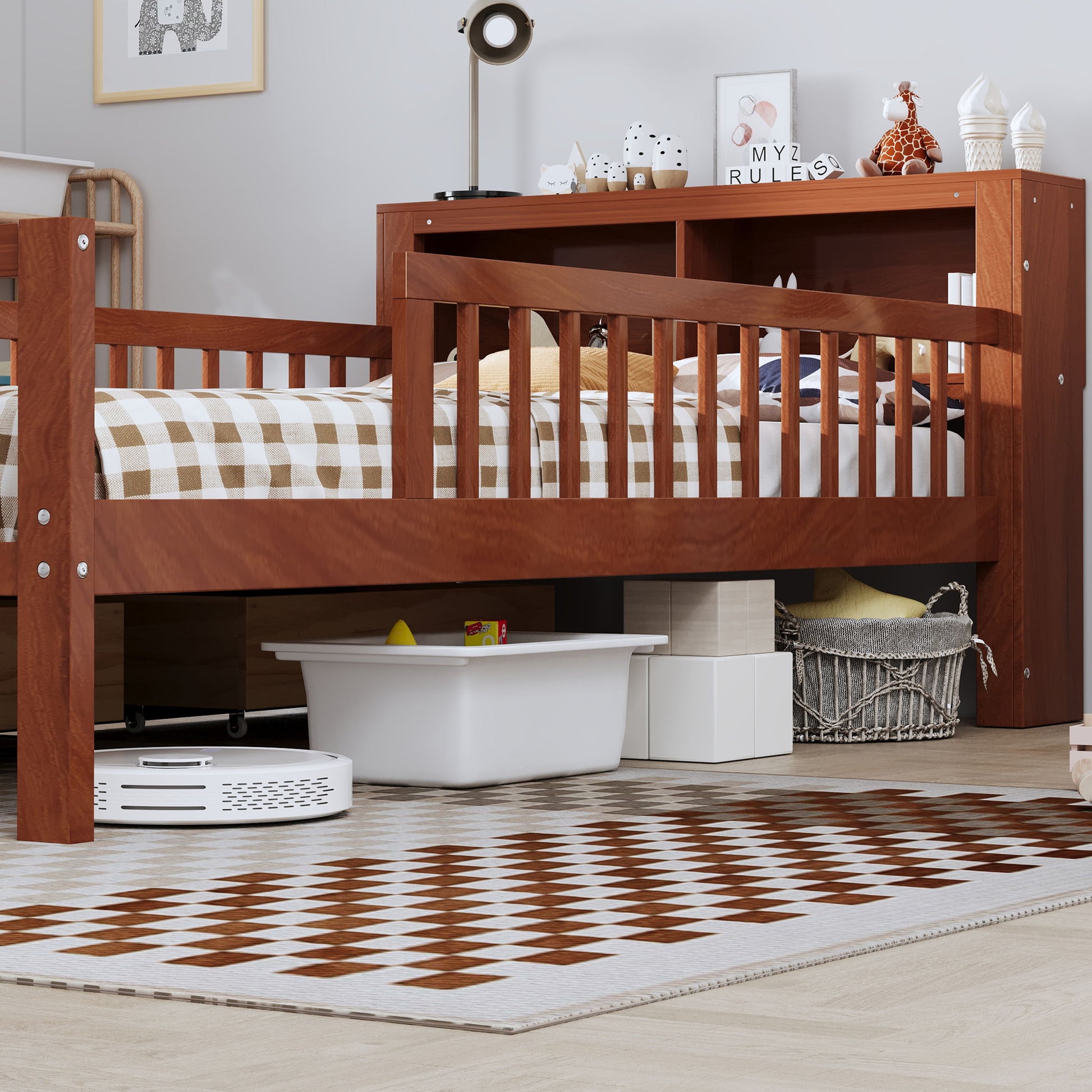 Bed With Headboard Storage Rack, 2 Under Bed Drawers, 3 Side Guardrails For Safety