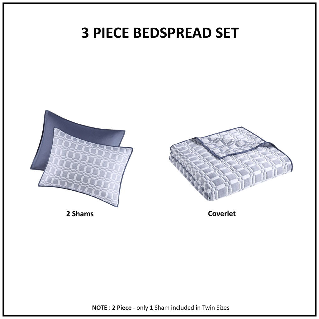 Harlow - 3 Piece Reversible Matelasse Coverlet Set - Blue