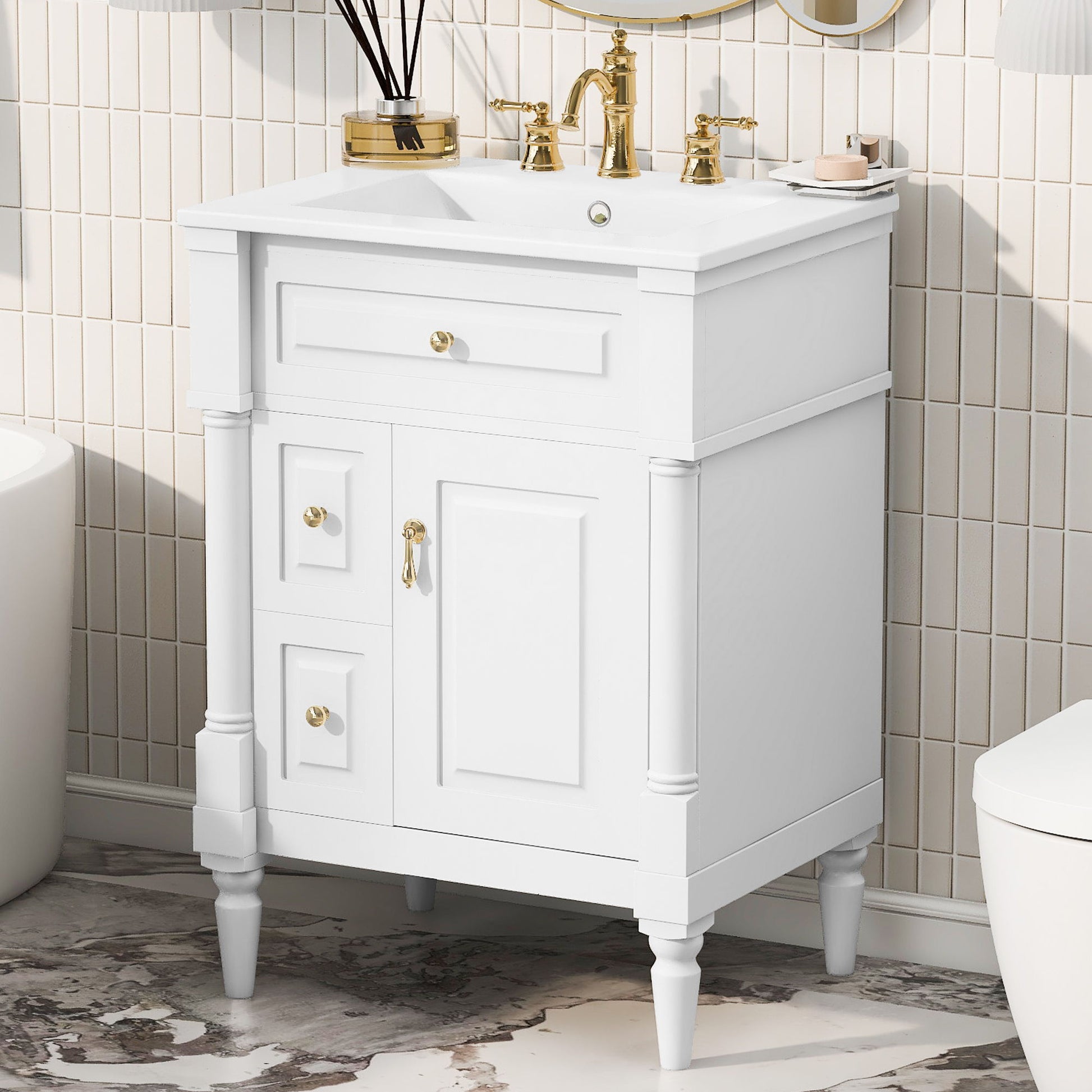Freestanding Bathroom Vanity With Sink, Adjustable Shelf & Flip Drawer