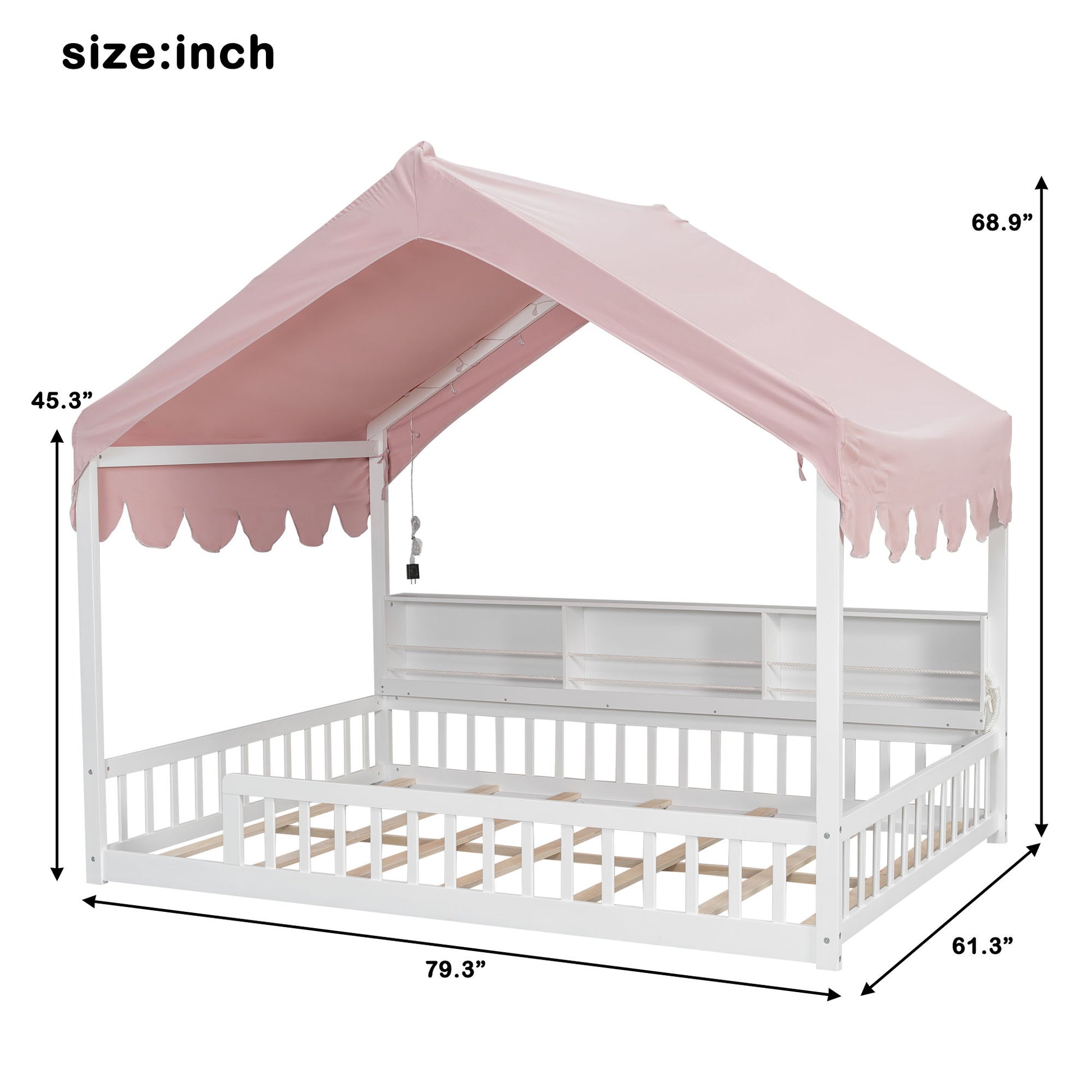 House Shaped Floor Bed With Fense, 3 Storage Bookshelves, Curtain And LED Light