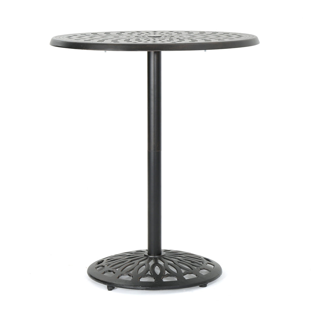 Elegant Cast Aluminum Round Bar Table With Romantic Filigree Design - Copper