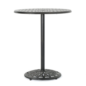 Elegant Cast Aluminum Round Bar Table With Romantic Filigree Design - Copper