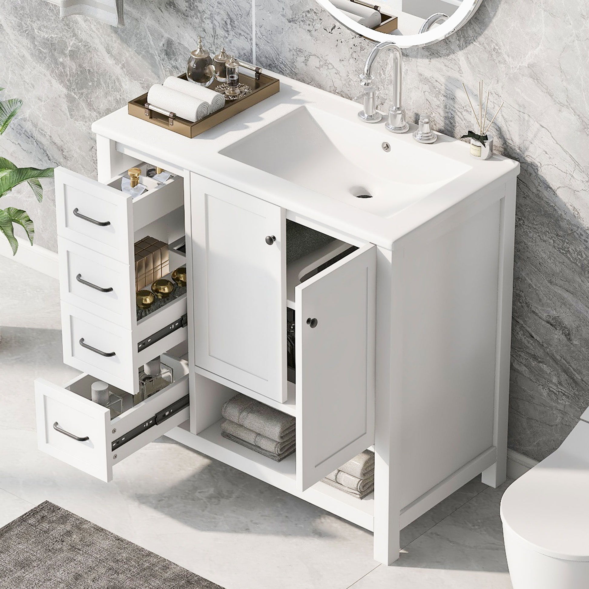 Bathroom Vanity With Sink Top, Bathroom Vanity Cabinet With 2 Doors And 2 Drawers, Open Shelf