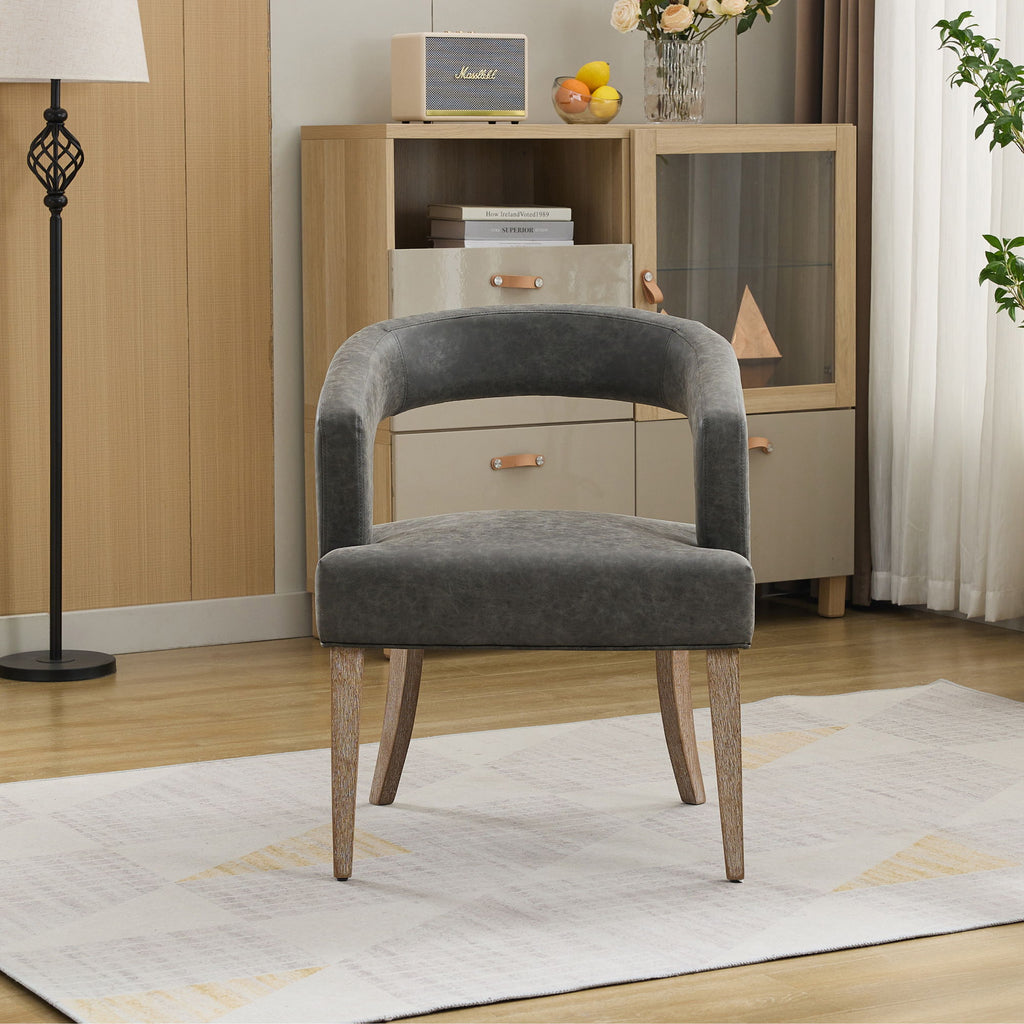 Wide Modern Barrel Open Back Upholstered Accent Chair With Weathered Solid Wood Legs