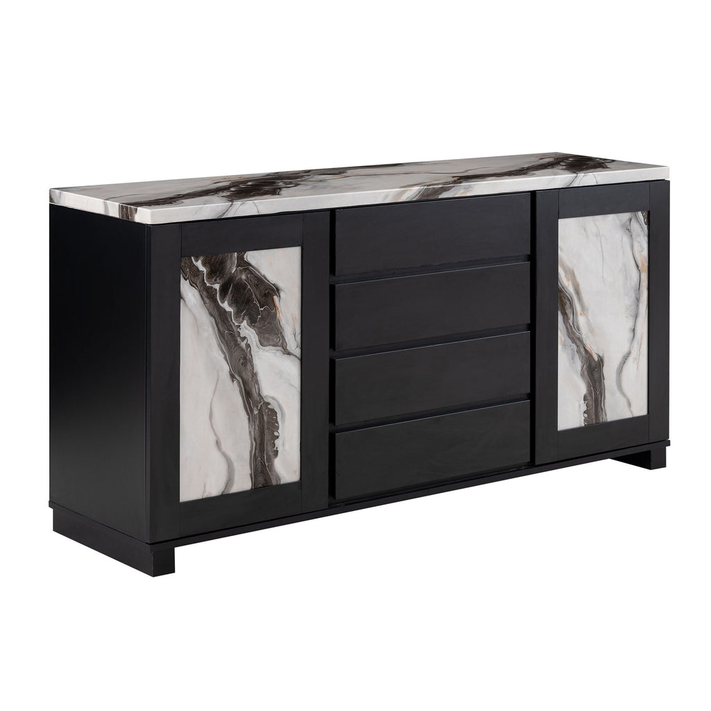 Stacey - Buffet With Storage Drawers And Marble Detailing - Black / Marble