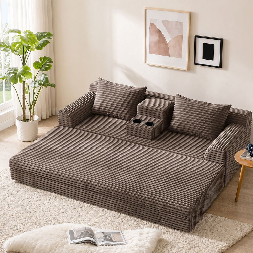 Soft Striped Convertible Sofa Bed, Dual Use Lounge Couch With Cup Holders And Pillows