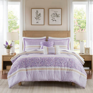 Caralie - Full/Queen 5 Piece Seersucker Comforter Set With Throw Pillows - Purple