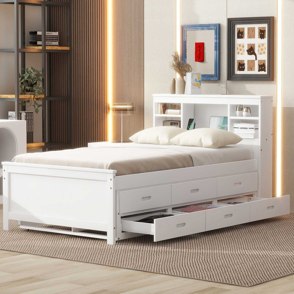 Platform Bed With Storage Headboard, USB, Trundle And 3 Drawers