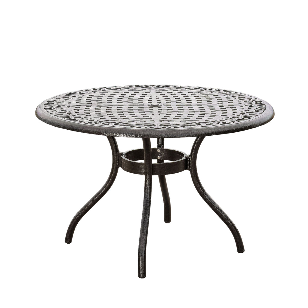 Tranquilius - Outdoor Round Dining Table With Lattice Tabletop, Umbrella Hole And Curved Legs