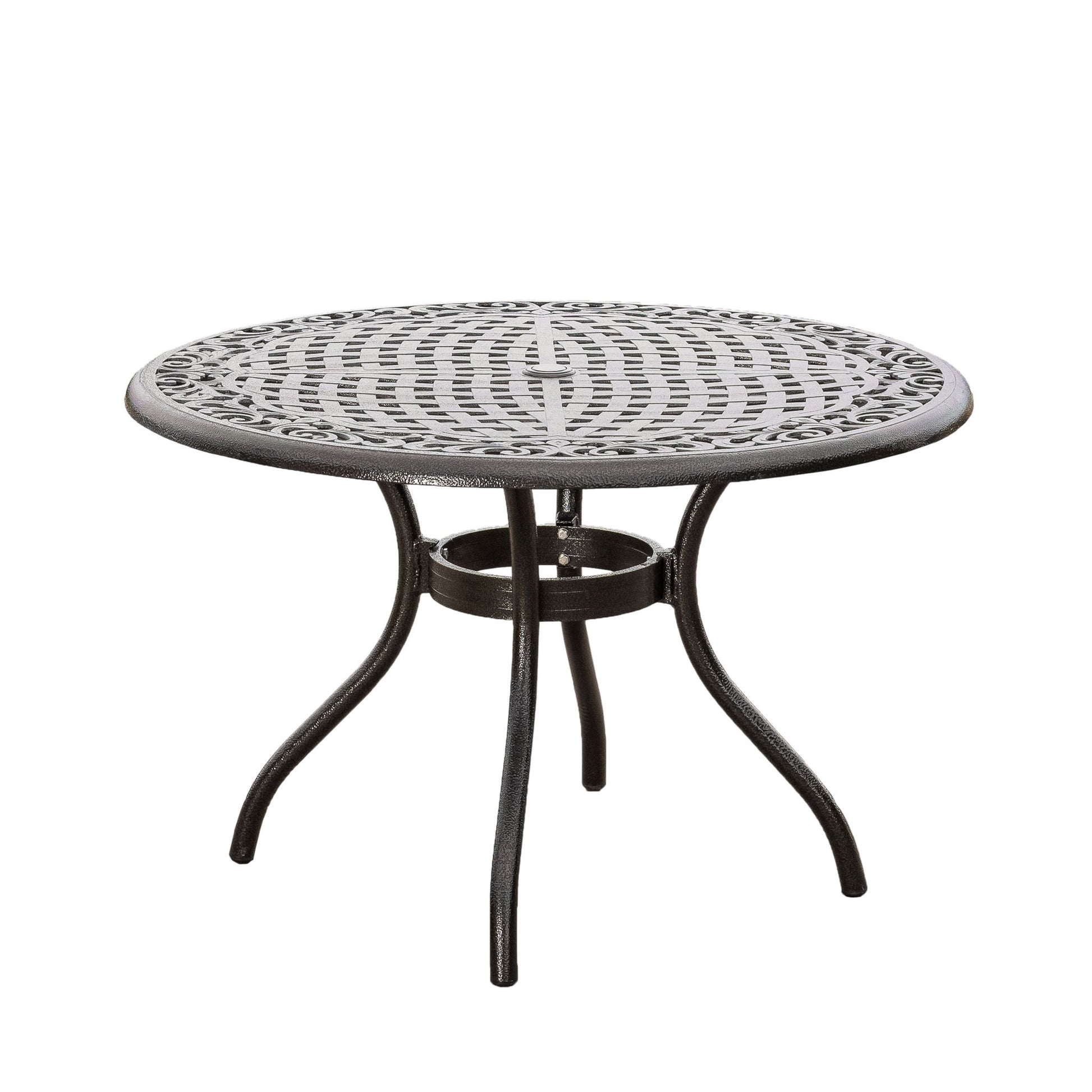 Tranquilius - Outdoor Round Dining Table With Lattice Tabletop, Umbrella Hole And Curved Legs