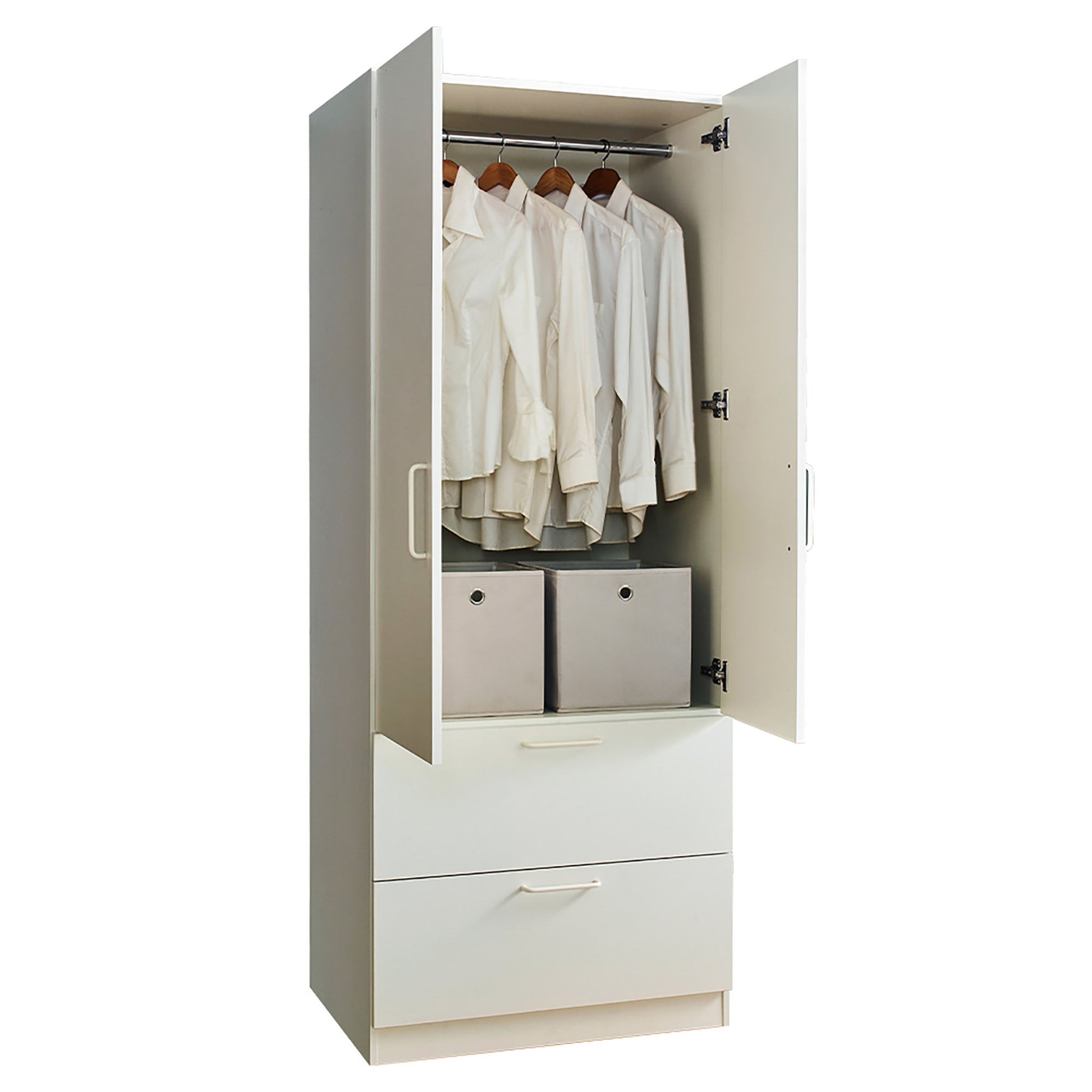 Emma - 2 Door Wood Closet With 2 Drawers And Hanging Bars - White