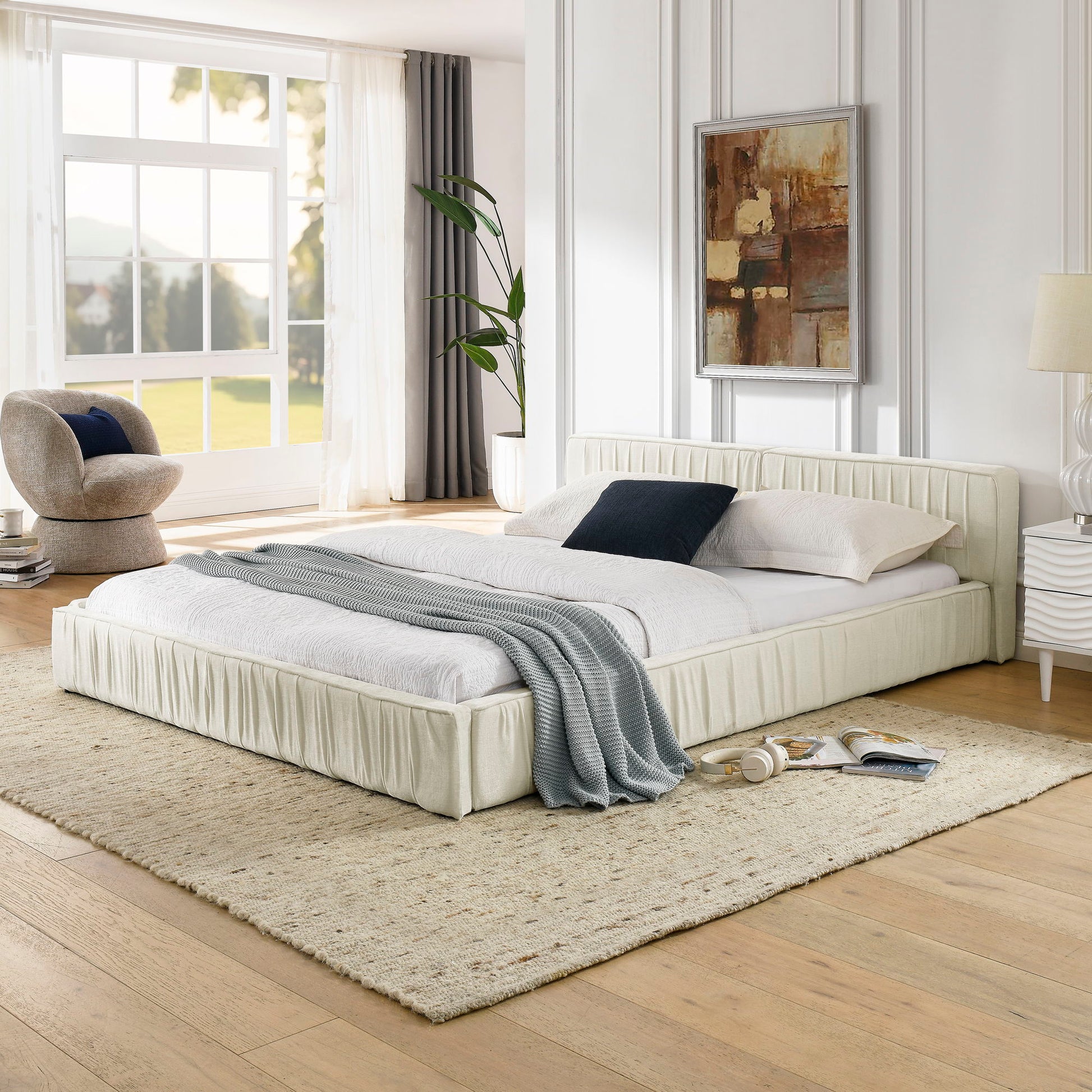 Modern Upholstered Platform Bed Frame With Pleated Design