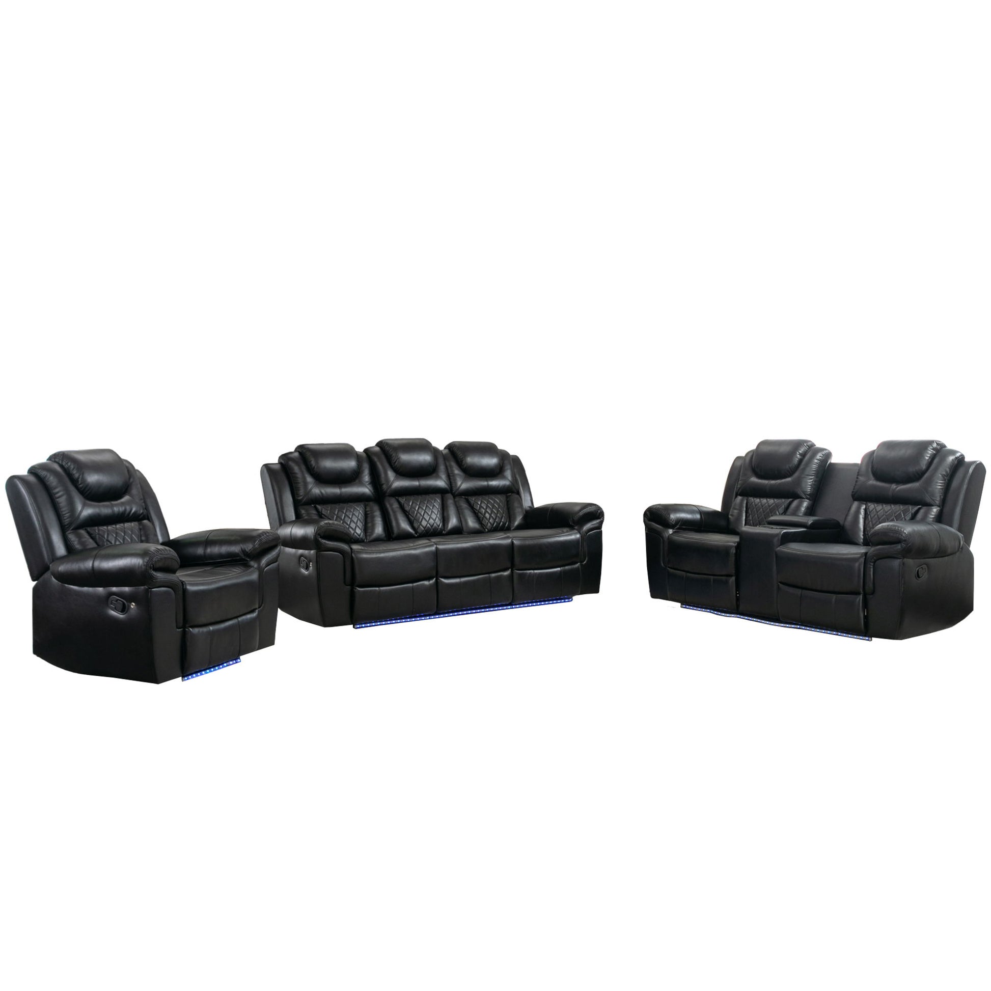 3 Pieces Recliner Sofa Sets Home Theater Seating Manual Recliner Chair With Center Console And LED Light Strip For Living Room