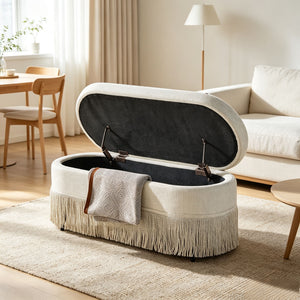 Oval Upholstered Storage Ottoman With Fringe Trim & Lift Top Lid