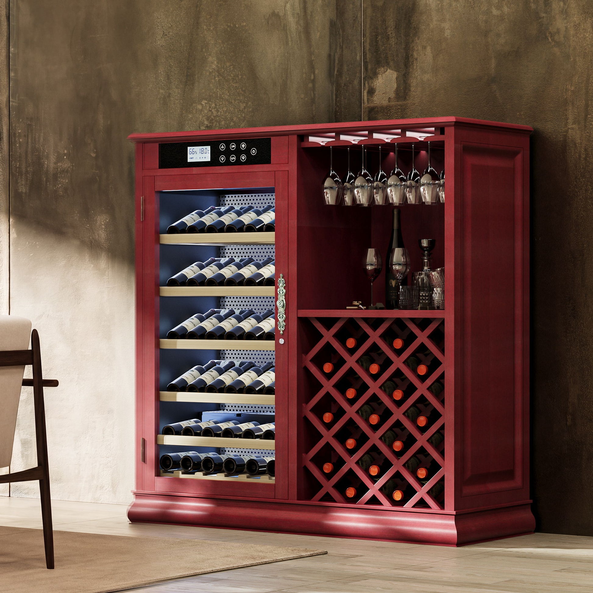 69 Bottle Wine Fridge With Touch Control, LED Lighting, Humidity Regulation - Cherry