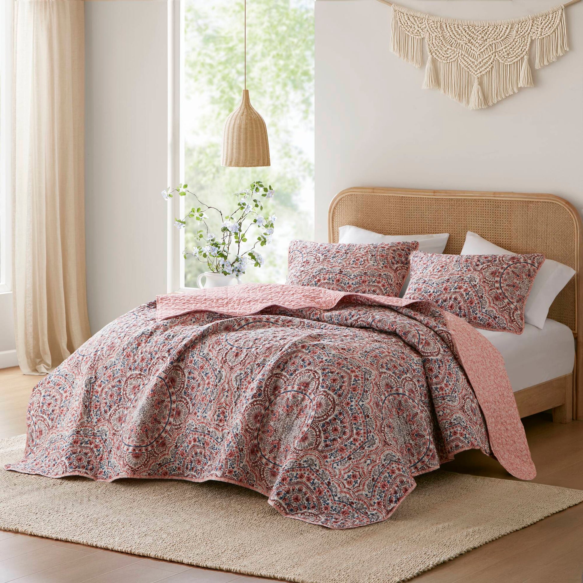 Valerie - Full/Queen Boho Floral Reversible Quilt - Pink